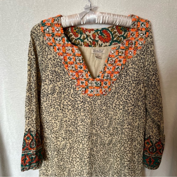 Lucky Brand Embroidered Boho Shift Dress Medium Tan Orange Green - Picture 13 of 15